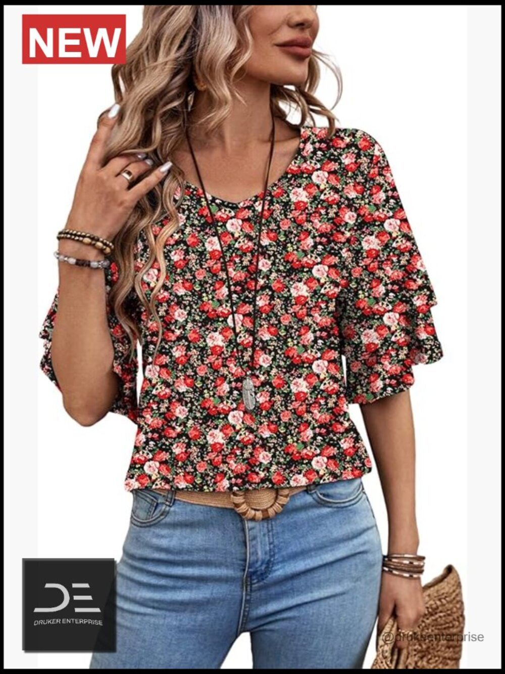 Ruffle 3/4 Sleeve V Neck Blouse Dressy Casual Tunic Top